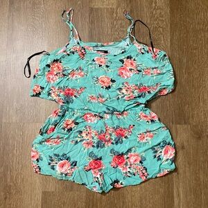 forever 21 medium floral teal romper with pockets adjustable straps